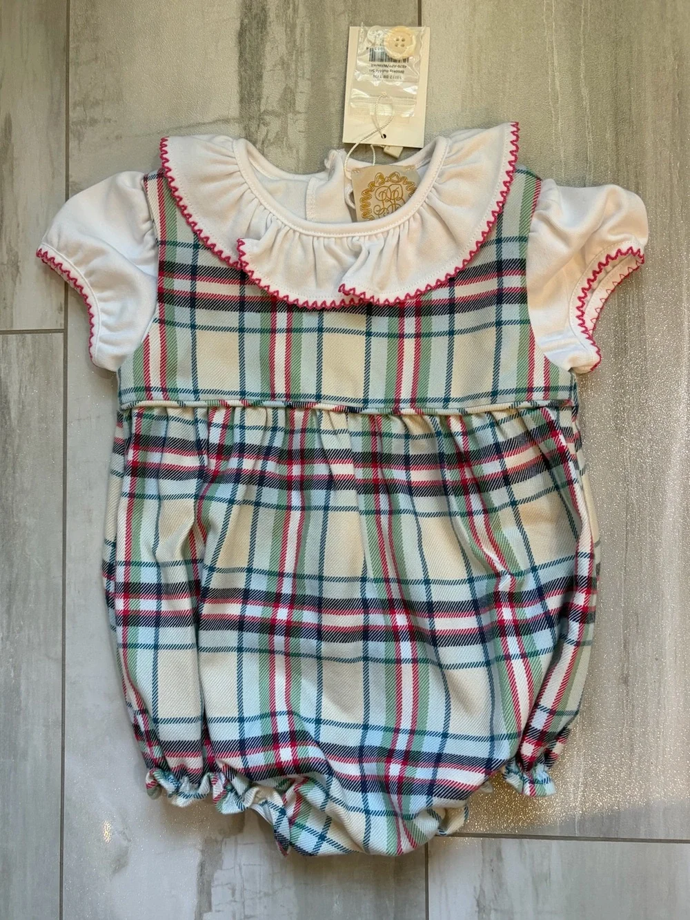 NWT TBBC Classic Plaid Brooksy Bubble Romper & Ruffle Shirt Set Girls 18-24M